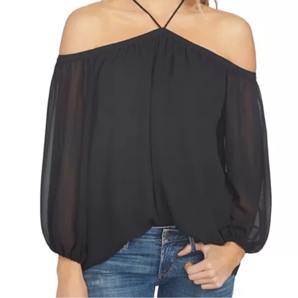 NWT 1. State off-shoulder semi sheer sleeve top Size M Black